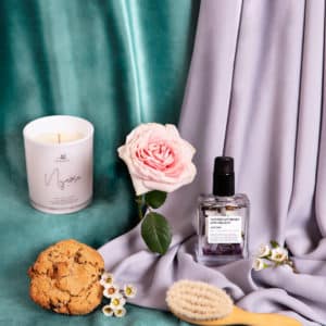Mum candle, mum baby massage oil, lactation cookie and baby hair brush from our hamper, available to add to a fresh flower delivery from our wagga Wagga florist shop.